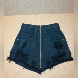 Carmar Los Angeles Beatrice Zip Front Distressed Teal Denim Mini Skirt Size 24